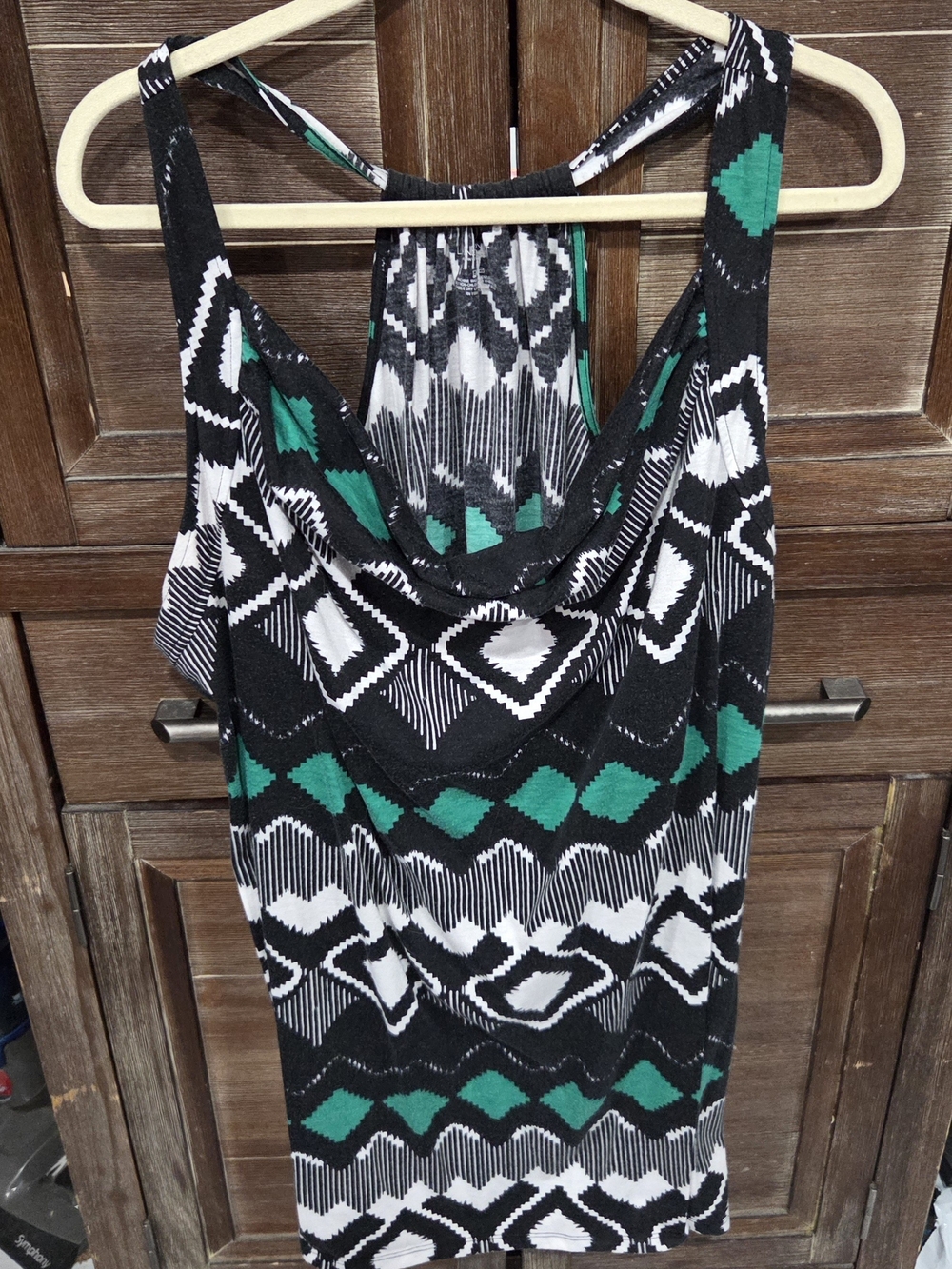 Women’s Black & White Geometric Tank with Green Accents 2X